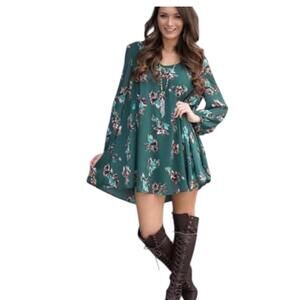 Entro Women’s Large Teal Floral Long Sleeve Swing Dress Boho V-Neck